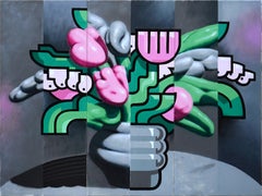 Lebendiges Blumenstillleben, großformatiges Sprühfarben-Triptychon, Blumen in einer Vase
