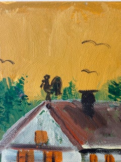 Naive Figurative Oil on Canvas — Farmyard, Horses and Rural Daily Life, 50x70 cm