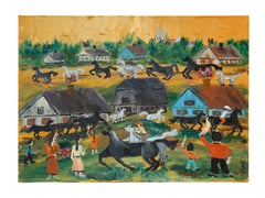 Naive Figurative Oil on Canvas — Farmyard, Horses and Rural Daily Life, 50x70 cm