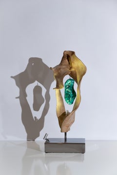 "Guardian of Grace" Malachite, Quartz Crystal and Teak Wood Modern Organic Sculp