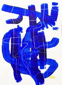Free Blue 3317 - Peinture abstraite texturée bleue et blanche sur papier, 2025