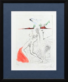 Woman at the Fountain, Original Etching with Watercolor, 1967, Signed
