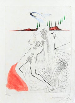 Woman at the Fountain, Original Etching with Watercolor, 1967, Signed