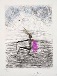 Kneeling Knight, Original Etching, Surrealist, 1969, Signed