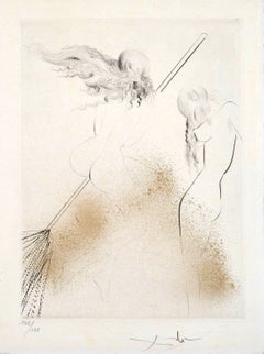 Sorcière au Balai Drypoint Etching, Surrealist, Signed, 142/145, 1969