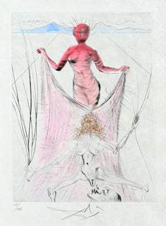 Woman Holding Veil,  Original Drypoint Etching with Watercolor, 1967, Signed