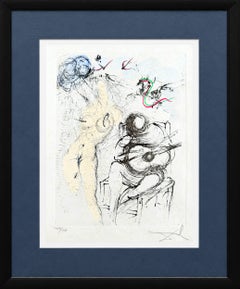 « Femme à la guitare », gravure originale, surréaliste, 1967, signée