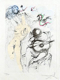 « Femme à la guitare », gravure originale, surréaliste, 1967, signée