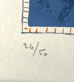 Le Village Bleu, Lithograph, Modern, 1973, Signed, Framed