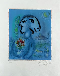 Le Village Bleu, Lithograph, Modern, 1973, Signed, Framed