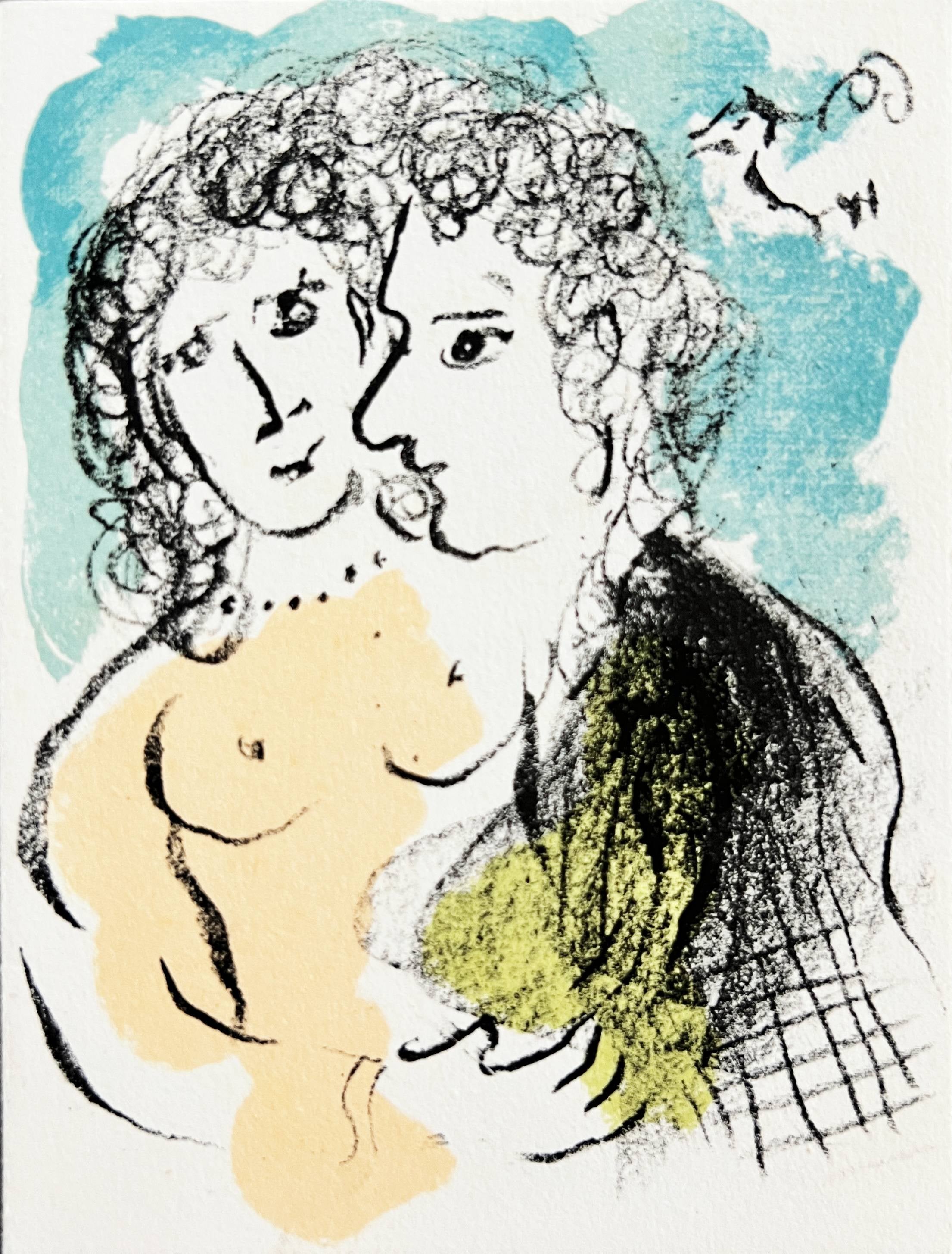 Marc Chagall Figurative Print - New Year's Card, Original Lithograph, Modern, 1980, Framed