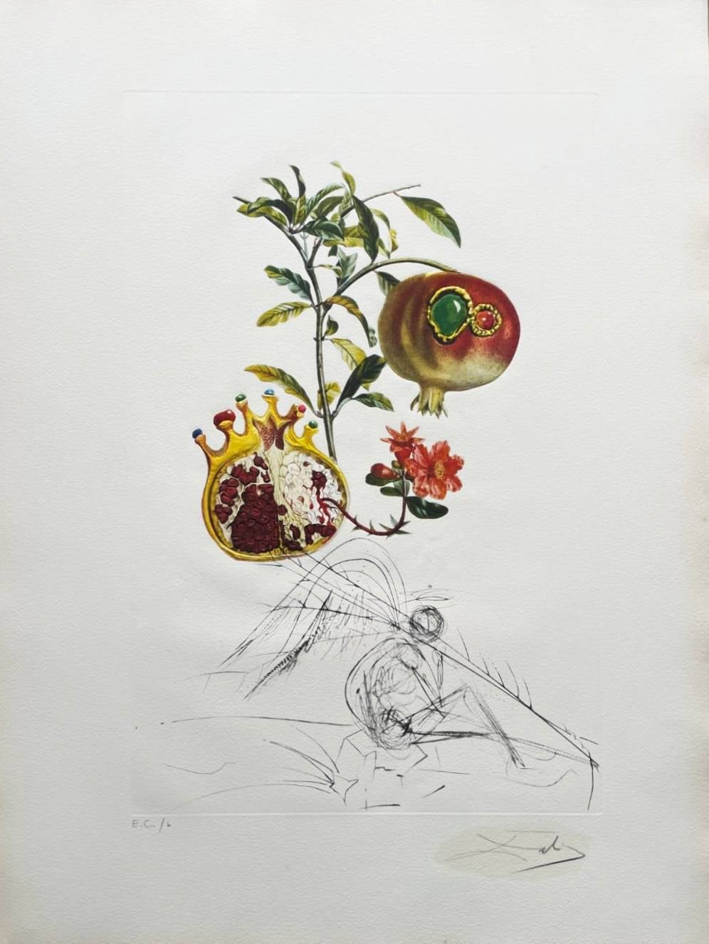 Salvador Dalí Print - Pomegranate and Angel, Original Lithograph with drypoint etching, 1969, Signed