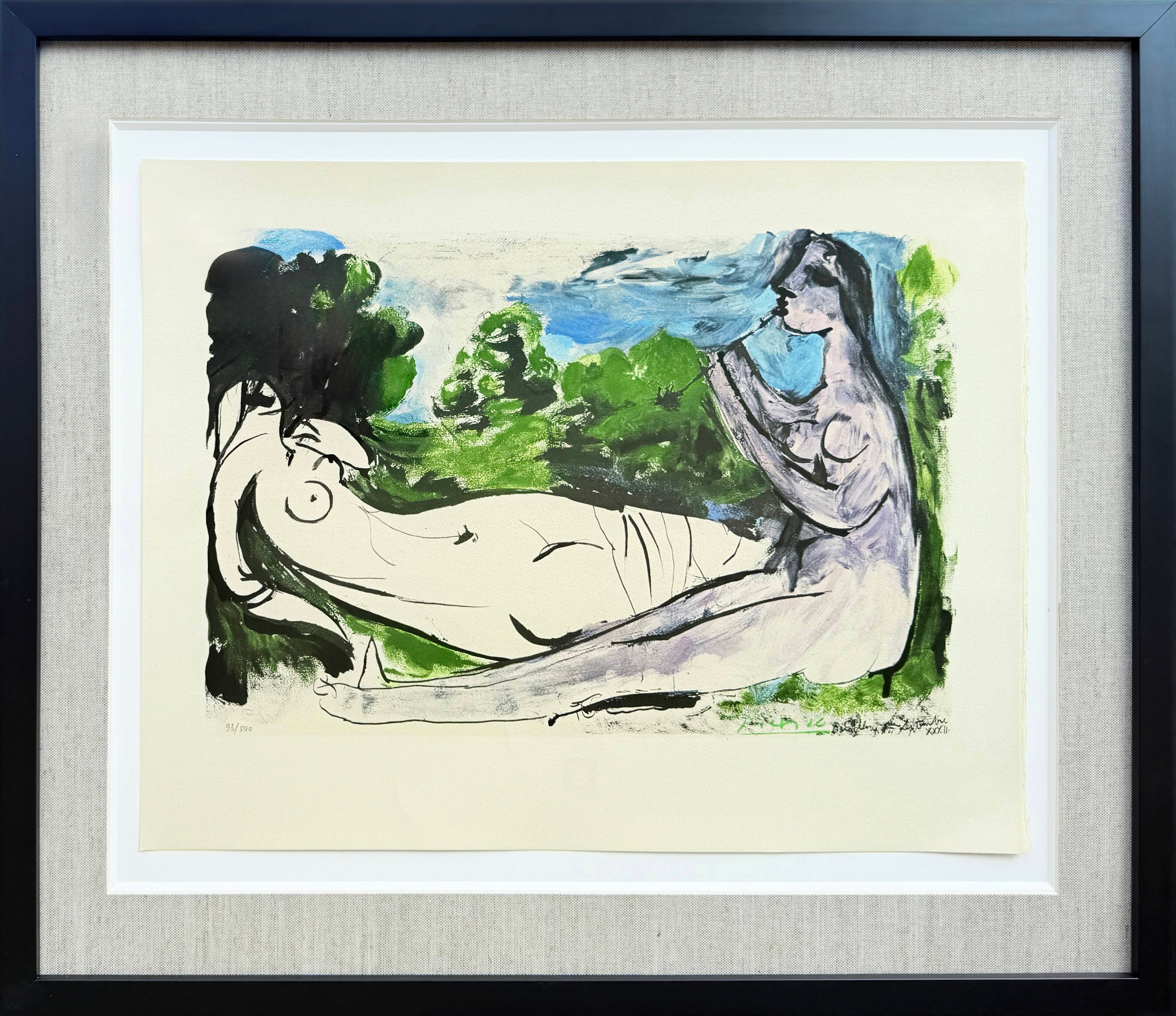 Pablo Picasso Figurative Print - Femme Nue Couchée et Joueur de Flûte, Lithograph, Modern, 1967, Framed