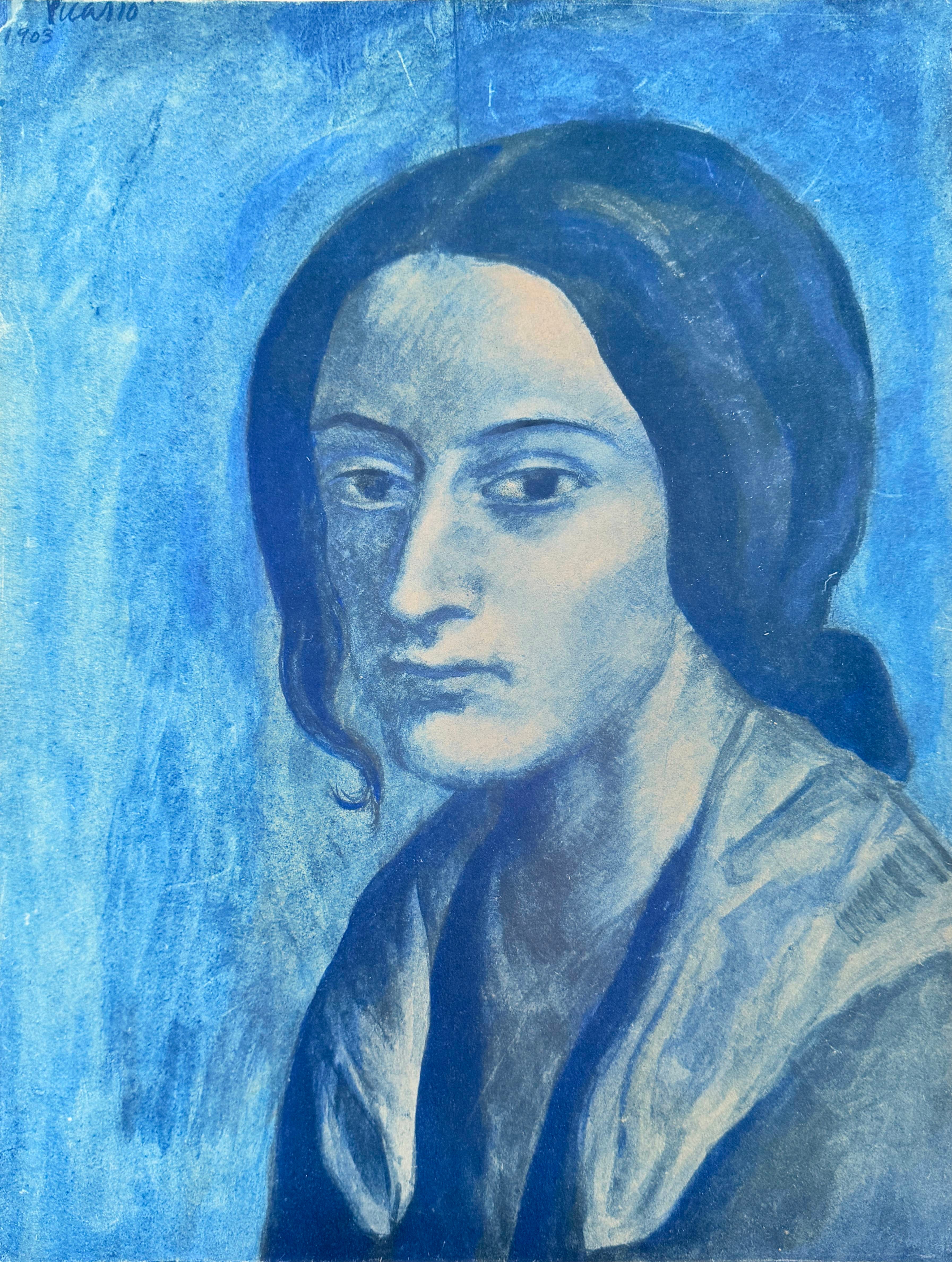 Pablo Picasso Figurative Print - Portrait Mélancolique d'une Femme en Bleu, Lithograph, 1961, Excellent