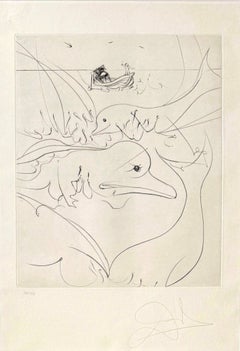 Dolphins, Original Etching, Surrealist, 1974, Framed, Signed