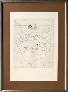 Dolphins, Original Etching, Surrealist, 1974, Framed, Signed