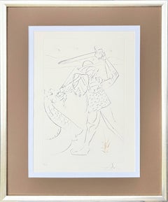 „Der Sturz von Lancelot“, Original-Kaltnadelradierung, surrealistisch, 1975, signiert
