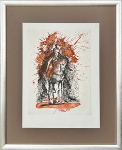 Cavaliere con elmo e farfalle, incisione originale, surrealista, 1971