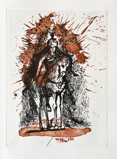 Cavaliere con elmo e farfalle, incisione originale, surrealista, 1971