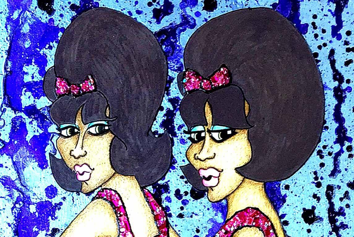 Mixed Media work of The Marvelletes
Acrylic, gemstones. glitter

The Marvelettes was an American girl group that achieved popularity in the early- to mid-1960s. They consisted of schoolmates Gladys Horton, Katherine Anderson (now Schaffner),