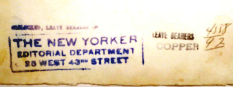 this Steinberg drawing was published on page 44 of the October 12, 1957 issue of the New Yorker magazine

pen & ink line drawing created for New Yorker Magazine.
Signature on Front
Verso: 
Stamp:
New Yorker Editorial Department 25 West 43rd