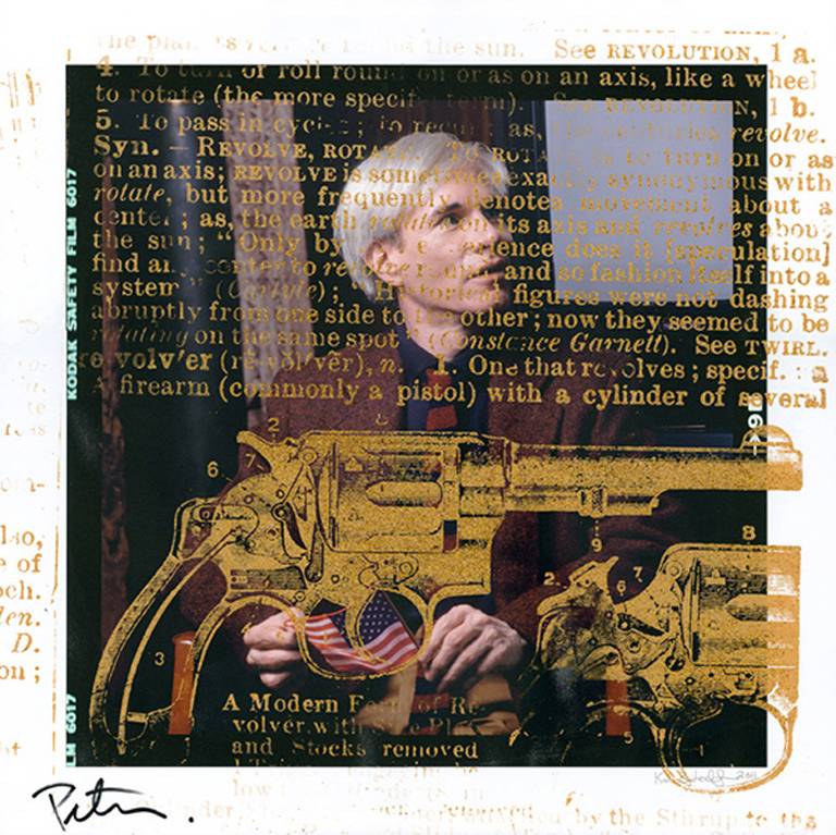 Karen Bystedt Figurative Print - Andy Warhol with Golden Gun ft*Peter Tunney