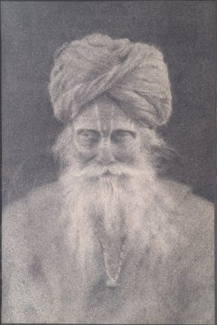 École indienne, saisissant portrait au fusain d'un homme barbu portant un turban, vers 1910