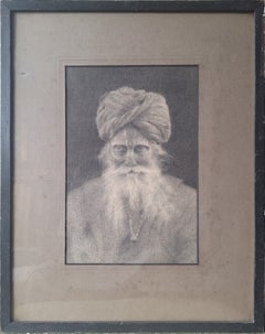 École indienne, saisissant portrait au fusain d'un homme barbu portant un turban, vers 1910