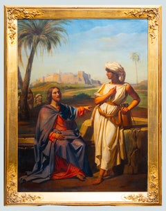 Large 19th Century Biblical Oil Painting, Christ and the Samaritan Woman at the