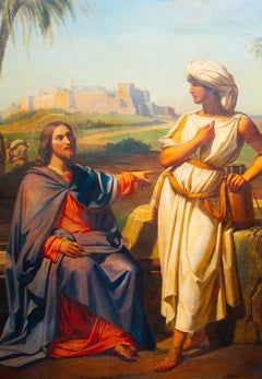 Large 19th Century Biblical Oil Painting, Christ and the Samaritan Woman at the