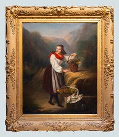 Adèle Kindt, 1841, Belgian Romantic Oil Painting of a Girl with Baskets of Grape