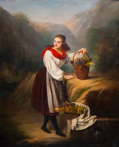 Adèle Kindt, 1841, Belgian Romantic Oil Painting of a Girl with Baskets of Grape