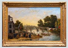 Large 19th Century English River Landscape with Bridge, Boats and Figures