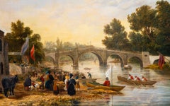 Large 19th Century English River Landscape with Bridge, Boats and Figures