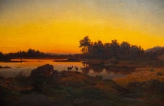 19th-Century Northern European Landscape with Deer at Sunset by a lake