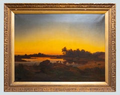 19th-Century Northern European Landscape with Deer at Sunset by a lake