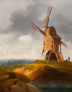 Antike Windmühlenlandschaft am Seeufer mit Figuren und dramatischem Himmel