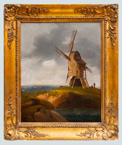 Antike Windmühlenlandschaft am Seeufer mit Figuren und dramatischem Himmel