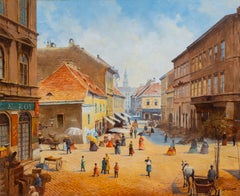 Sunlit European Market Street with Figures and Horse Cart
