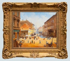 Sunlit European Market Street with Figures and Horse Cart