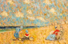 Figures on a Sunlit Beach, French Impressionist Style Seaside Painting