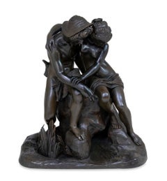 "Daphnis and Chloe" Patinated Bronze Sculpture, Signed, Late 19th Century