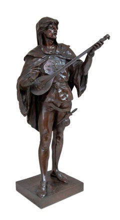 "Joueur de Luth" [Lute Player] Patinated Bronze Sculpture, Late 19th Century