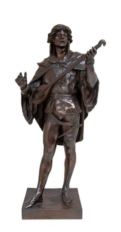 "Joueur de Luth" [Lute Player] Patinated Bronze Sculpture, Late 19th Century