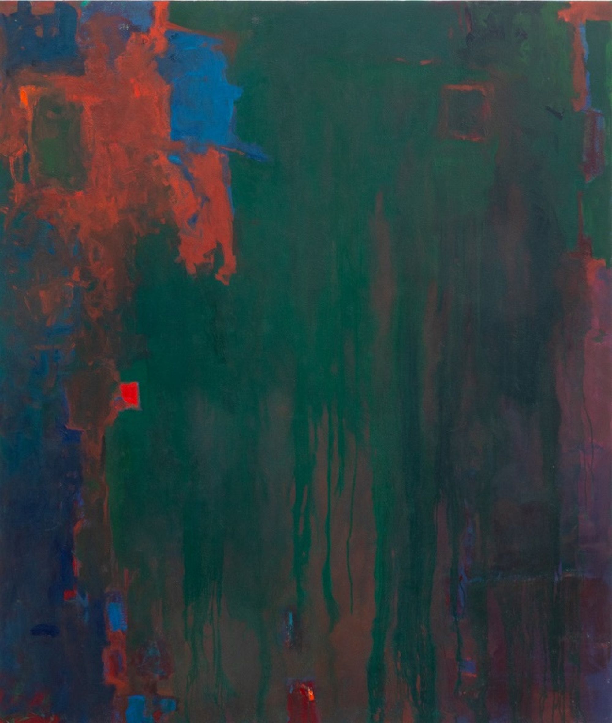 Composición abstracta en verde con cuadrados azules y rojos, óleo sobre lienzo