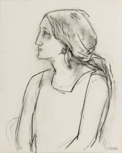 Ritratto di una donna, disegno moderno a carboncino su carta, firmato