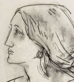 Ritratto di una donna, disegno moderno a carboncino su carta, firmato