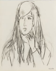 Portrait of a Woman, Modern Charcoal Drawing on Paper, Signed