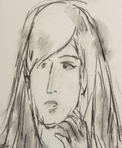 Portrait of a Woman, Modern Charcoal Drawing on Paper, Signed