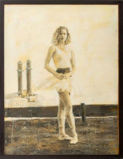 „Stehende Ballerina“, zeitgenössisches Ölgemälde auf Holztafel, gerahmt, 2001